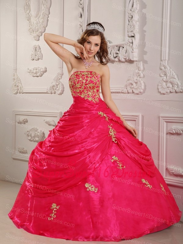Perfect Coral Red Sweet 16 Dress Strapless Organza Appliques Ball Gown