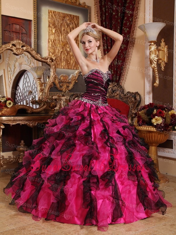 Popular Black and Hot Pink Sweet 16 Dress Sweetheart Organza Beading and Ruffles Ball Gown