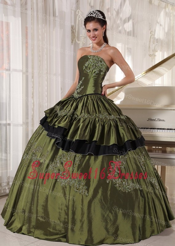 Populor Olive Sweet 16 Quinceanera Dress Strapless Taffeta Beading Ball Gown
