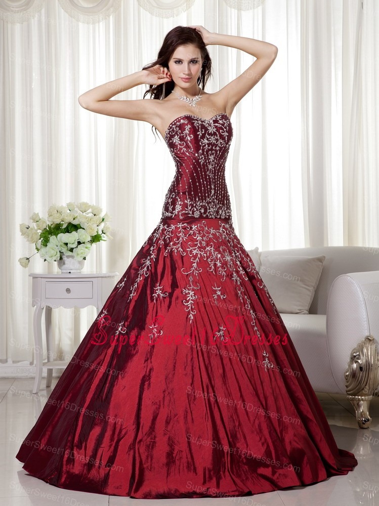 Wine Red Sweetheart Floor-length Taffeta Beading and Embroidery Sweet 16 Dress