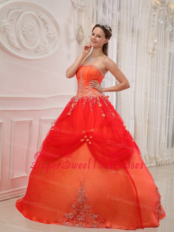 Affordable Orange Red Sweet 16 Dress Strapless Taffeta and Tulle Appliques Ball Gown