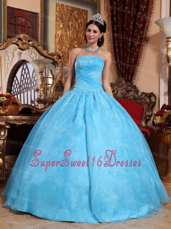 Aqua Blue Sweet 16 Quinceanera Dress Strapless Organza Appliques Ball Gown