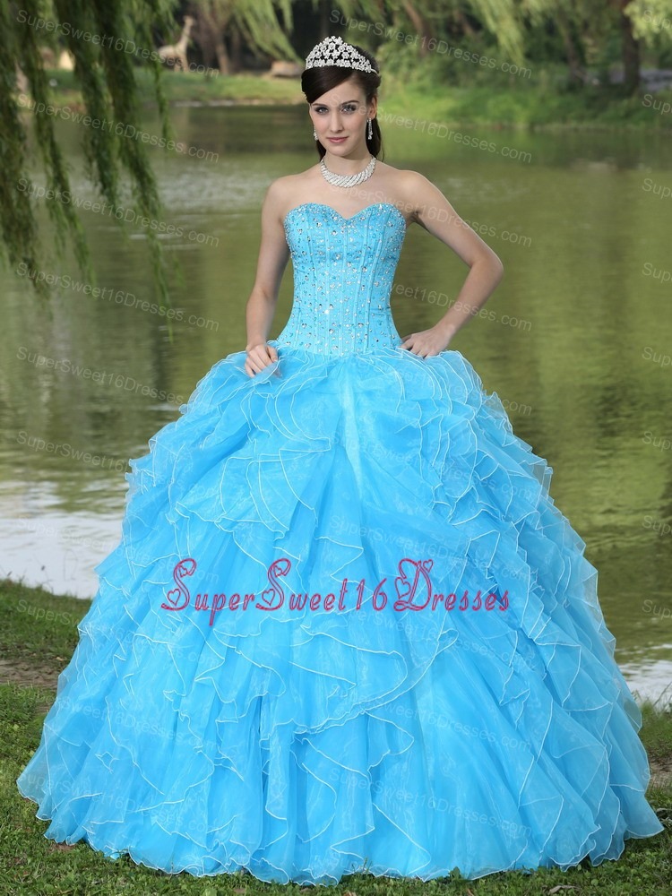 Beaded Ruffles Layered Decorate Famous Designer Sweet 16 Dress With Sweetheart Aqua Skirt