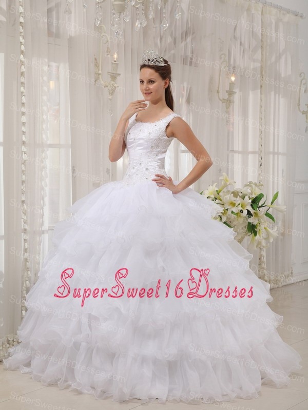 Brand New White Sweet 16 Dress Scoop Satin and Organza Appliques Ball Gown