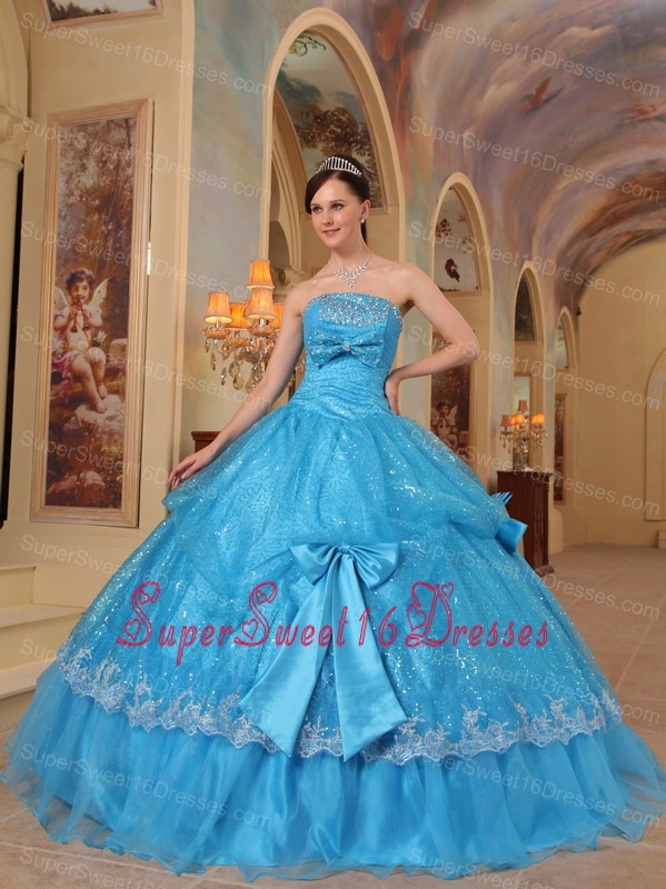 Formal Baby Blue Sweet 16 Dress Strapless Bows Sequins and Organza Ball Gown