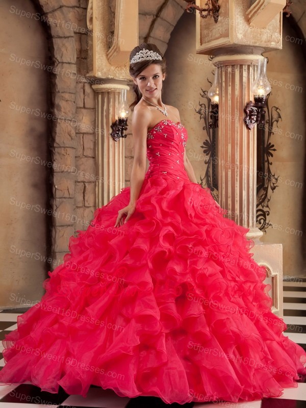 Low Price Red Sweet 16 Dress Sweetheart Organza Ruffles Ball Gown