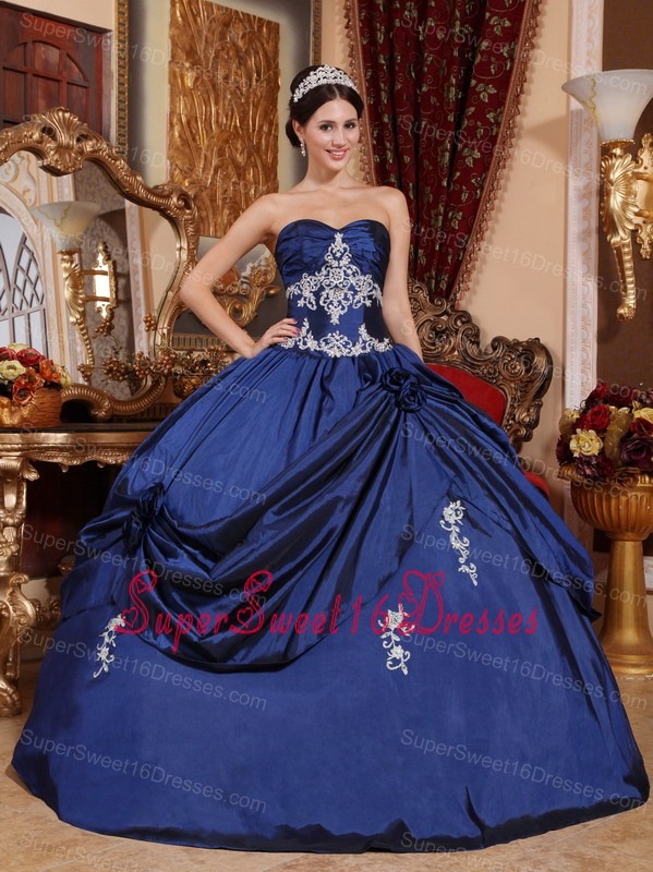 New Navy Blue Sweet 16 Quinceanera Dress Sweetheart Satin Appliques Ball Gown