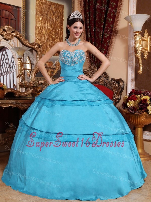 Perfect Aqua Blue Sweet 16 Dress Sweetheart Taffeta Appliques Ball Gown