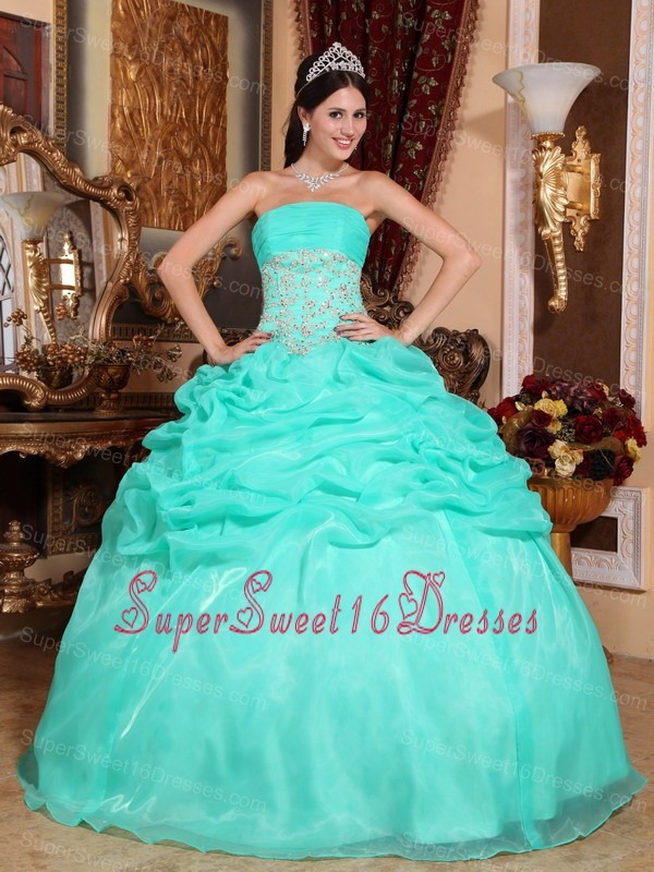 Romantic Turquoise Sweet 16 Dress Strapless Organza Appliques Ball Gown