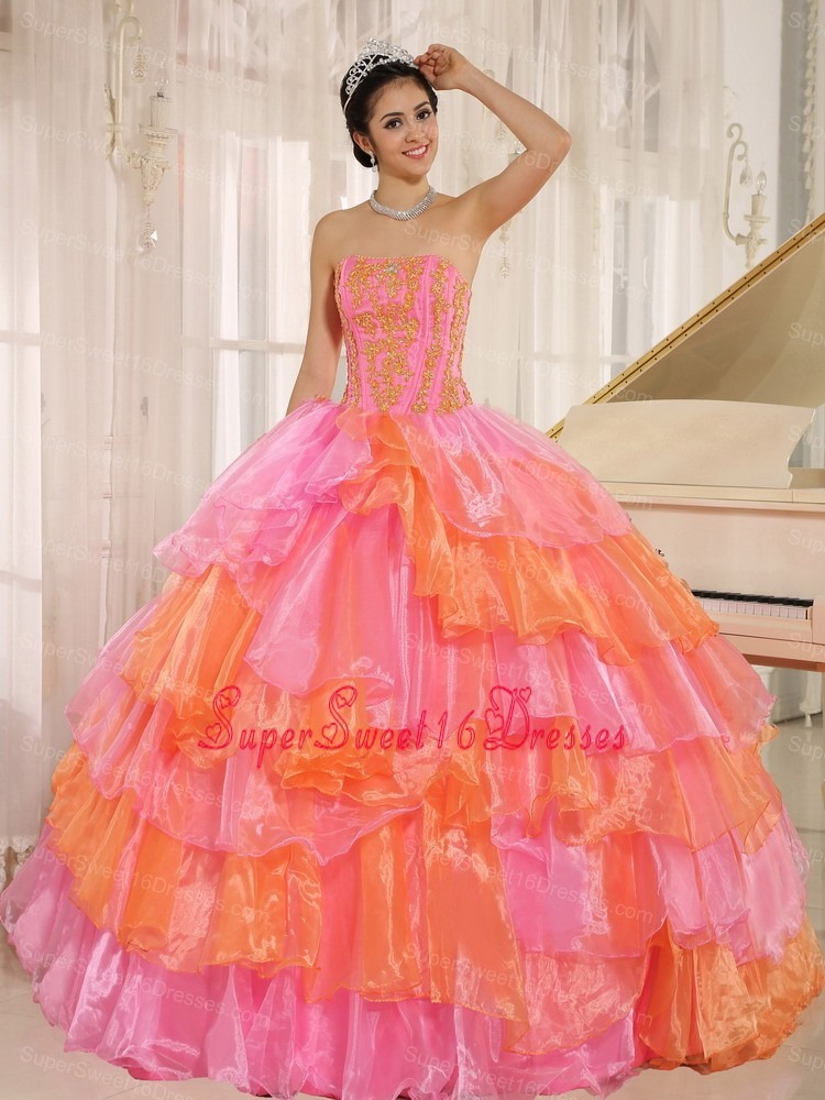 Ruflfled Layers and Appliques Decorate Up Bodice For Rose Pink and Orange Sweet 16 Dress