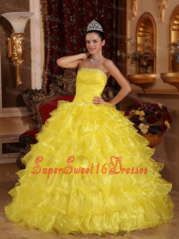 Exclusive Yellow Sweet 16 Quinceanera Dress Strapless Organza Beading Ball Gown