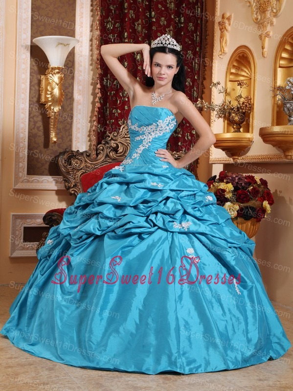 Low Price Aqua Blue Sweet 16 Dress Strapless Taffeta Appliques Ball Gown