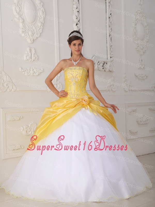 Modest Yellow and White Sweet 16 Dress Strapless Organza and Taffeta Appliques and Hand Flower Ball Gown