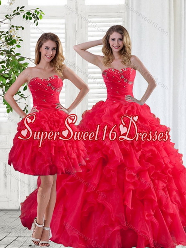2015 Red Strapless Quinceanera Dress with Ruffles and Beading