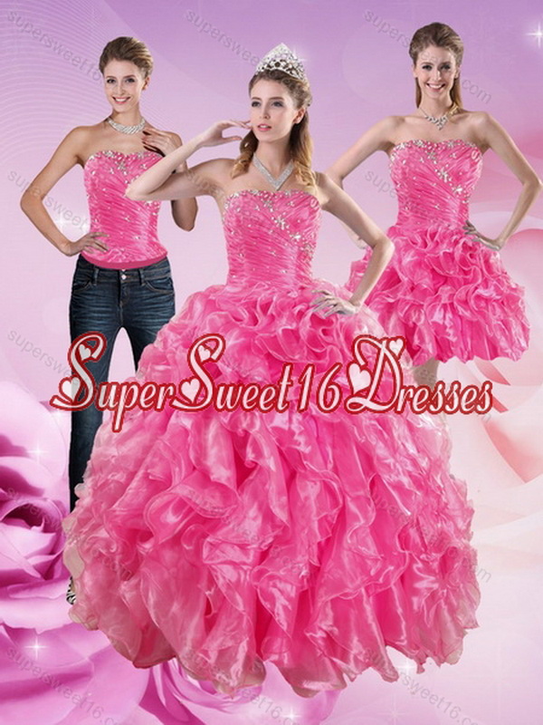 2015 Sophisticated Hot Pink Sweet 16 Dresses with Beading and Ruffles