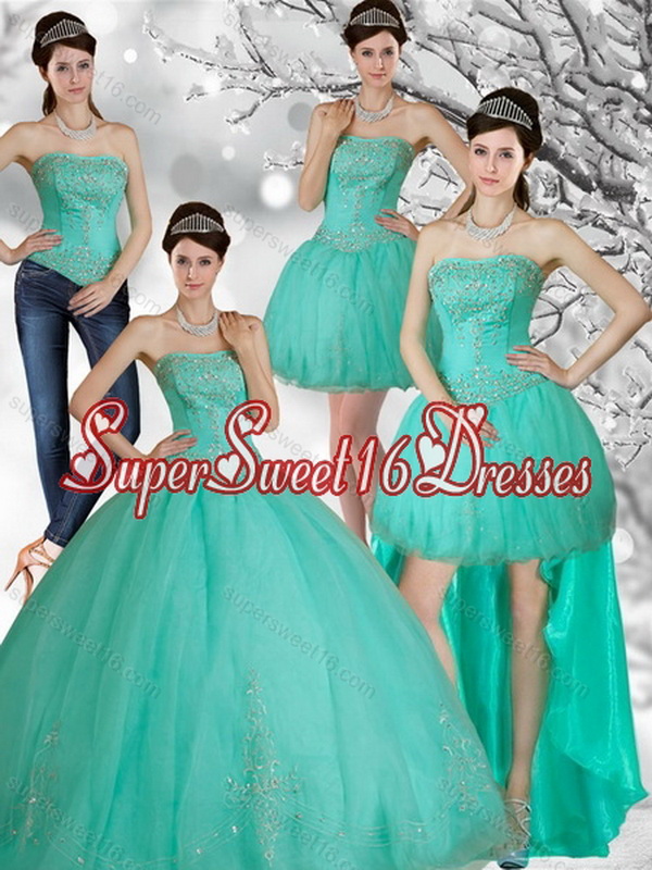 Detachable Appliques and Beading Strapless Sweet 15 Dress in Apple Green