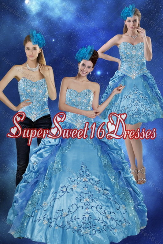 Detachable 2015 Sweetheart Teal Quinceanera Gown with Embroidery and Pick Ups