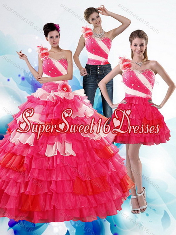 Detachable One Shoulder Ruffled Layers and Beading Multi Color Quinceanera Dresses for 2015
