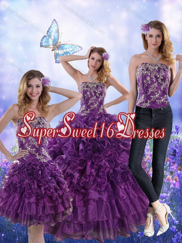 Detachable Purple Strapless Quince Dresses with Appliques and Ruffles for 2015