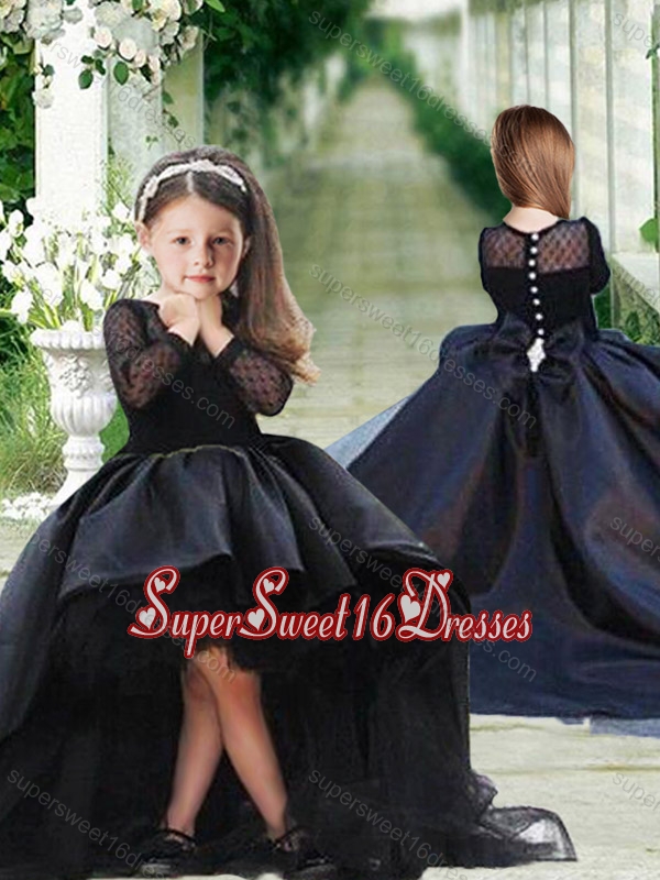 Romantic See Through Long Sleeves Beautiful Girls Pageant Dress in Navy Blue
