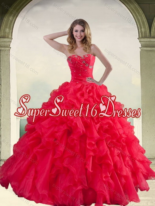 Pretty Red Strapless Quinceanera Dress with Ruffles and Beading