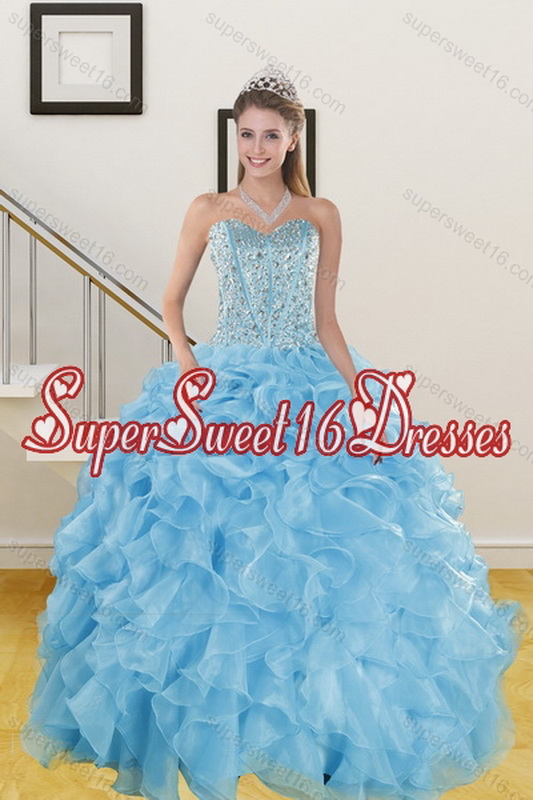 Pretty Ruffles and Beading Baby Blue Quince Dresses for 2015