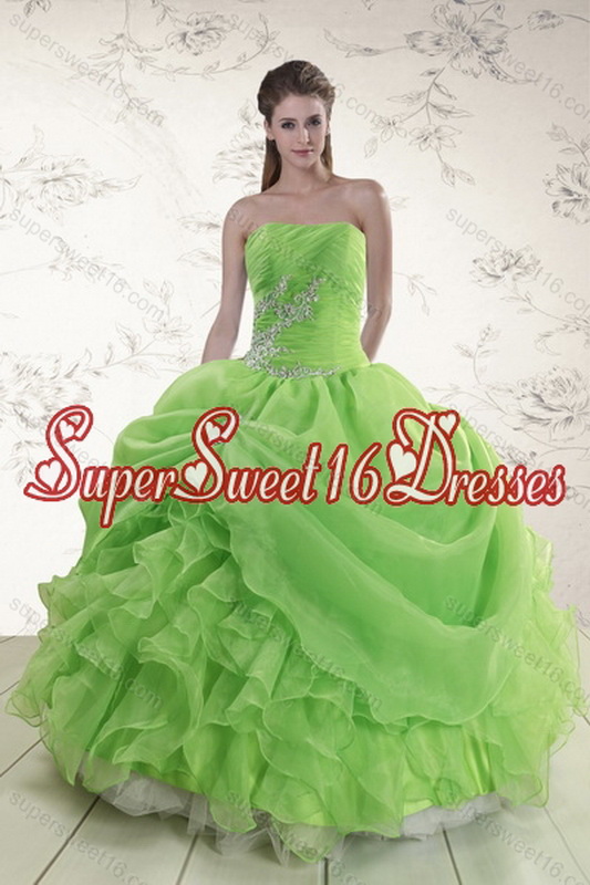Pretty Spring Green Strapless Sweet 15 Dresses with Ruffles and Beading