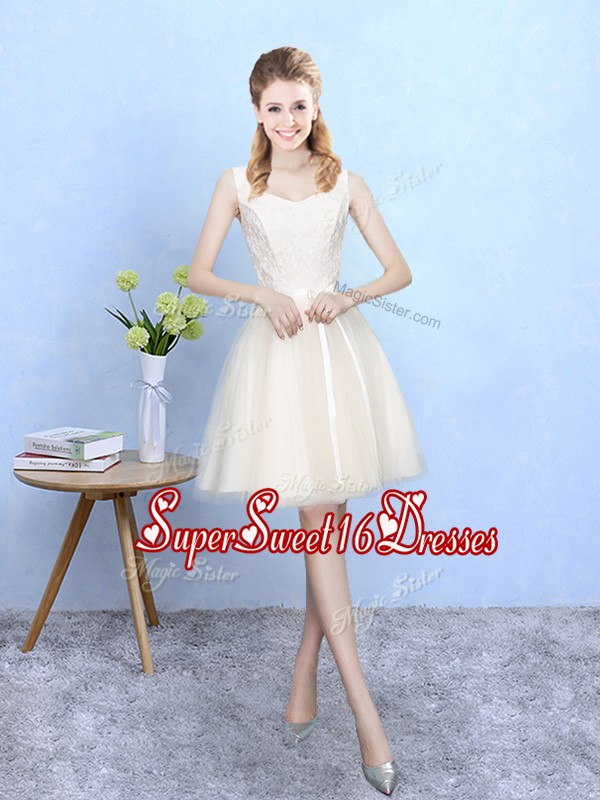 Pretty Champagne Sleeveless Knee Length Lace Lace Up Court Dresses for Sweet 16