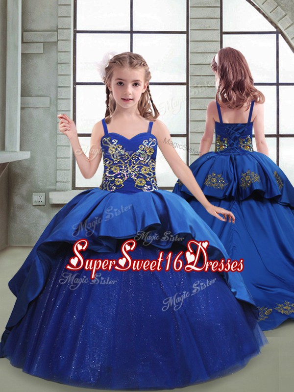  Royal Blue Spaghetti Straps Neckline Embroidery Kids Formal Wear Sleeveless Lace Up