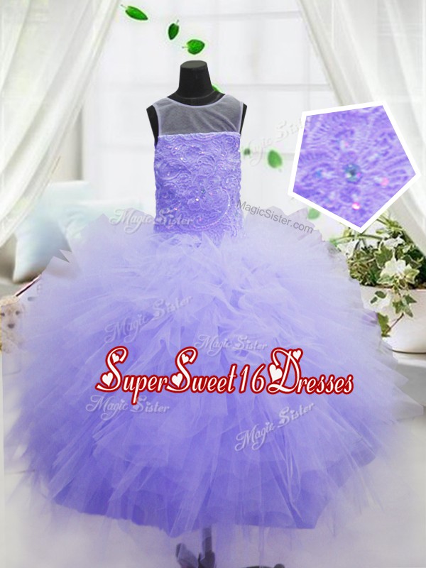 High Quality Purple Scoop Zipper Beading and Ruffles Kids Pageant Dress Sleeveless