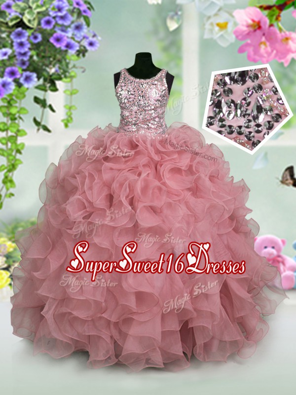  Sequins Ball Gowns Kids Pageant Dress Pink Scoop Organza Sleeveless Floor Length Zipper