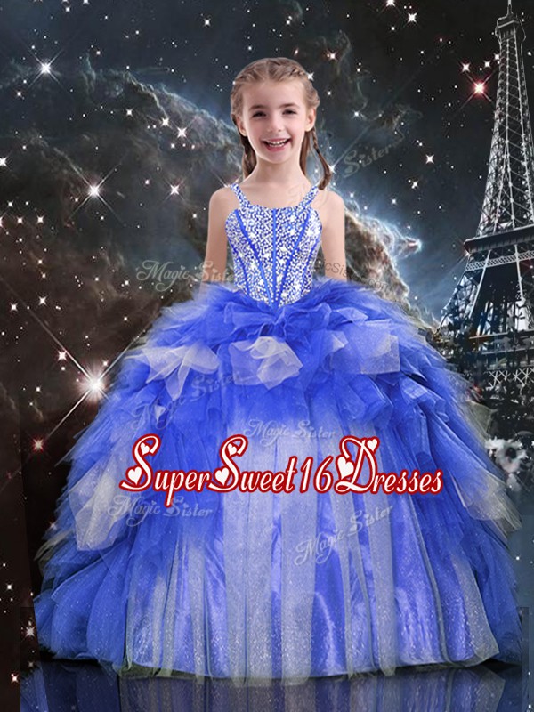 Beauteous Blue Organza Lace Up Spaghetti Straps Sleeveless Floor Length Kids Pageant Dress Beading and Ruffles