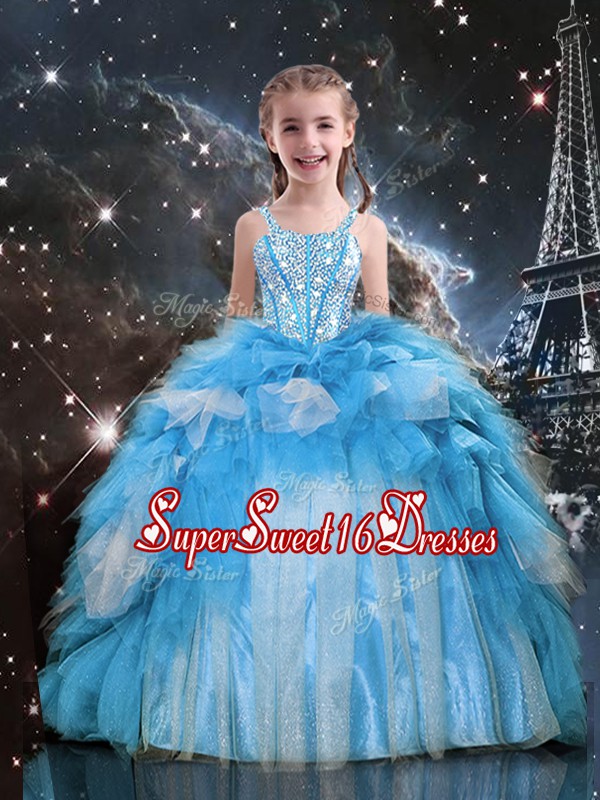 Trendy Sleeveless Floor Length Beading and Ruffles Lace Up Kids Pageant Dress with Baby Blue