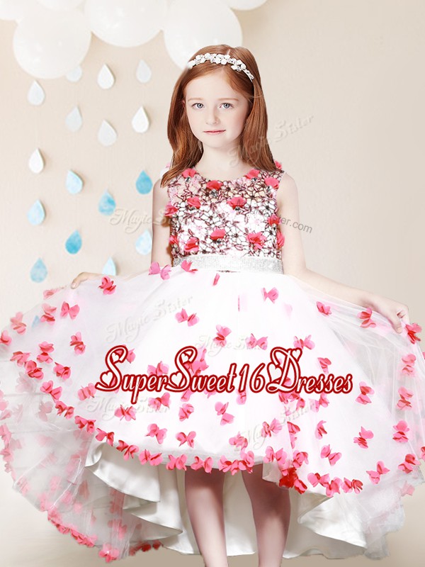 Beauteous White And Red Scoop Zipper Lace and Appliques Girls Pageant Dresses Sleeveless