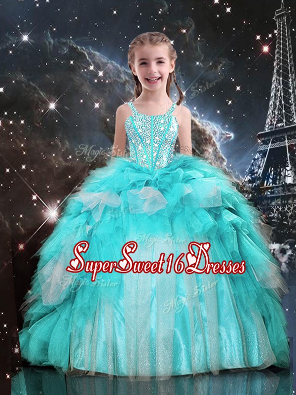 Best Sleeveless Floor Length Beading and Ruffles Lace Up Little Girl Pageant Dress with Aqua Blue