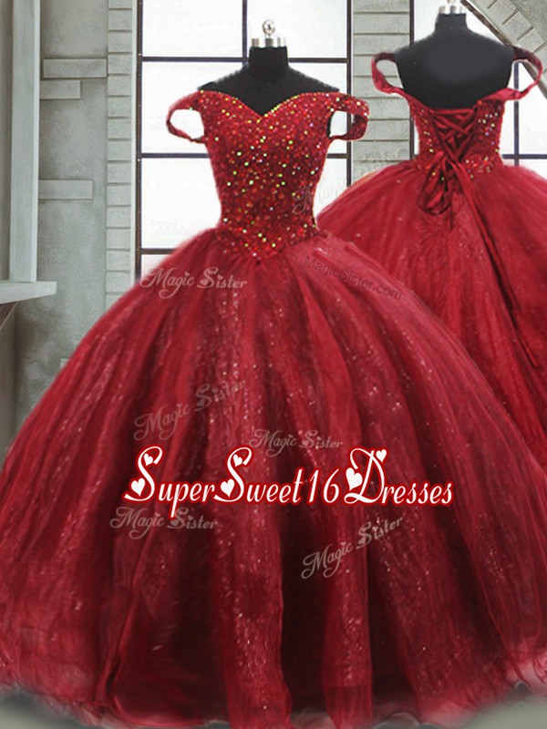  Wine Red Ball Gowns Off The Shoulder Sleeveless Tulle Brush Train Lace Up Beading Sweet 16 Quinceanera Dress