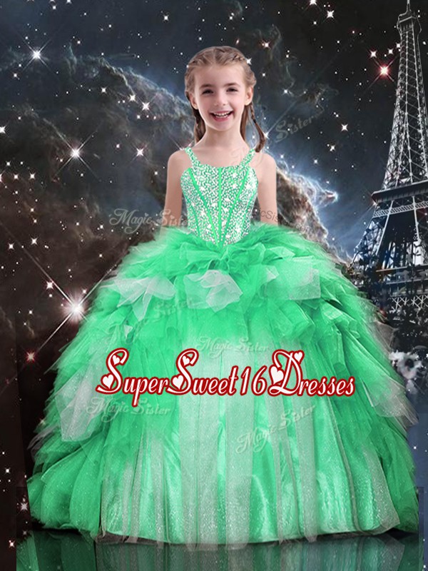 Best Apple Green Spaghetti Straps Neckline Beading and Ruffles Kids Formal Wear Sleeveless Lace Up