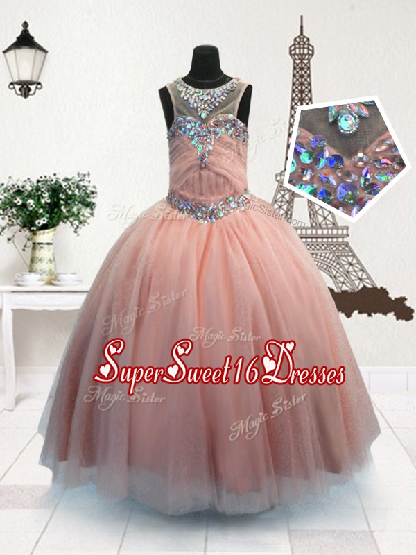 Charming Scoop Sleeveless Organza Floor Length Zipper Little Girls Pageant Dress in Pink with Beading