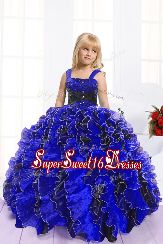  Floor Length Ball Gowns Sleeveless Blue And Black Kids Formal Wear Lace Up