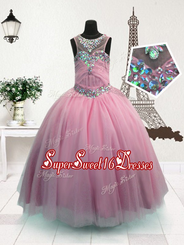  Scoop Floor Length Pink Little Girl Pageant Gowns Organza Sleeveless Beading