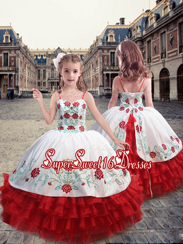  Straps Sleeveless Lace Up Floor Length Embroidery and Ruffles Little Girls Pageant Gowns