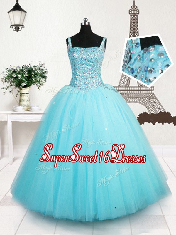  Sequins Floor Length Ball Gowns Sleeveless Light Blue Little Girls Pageant Dress Wholesale Lace Up