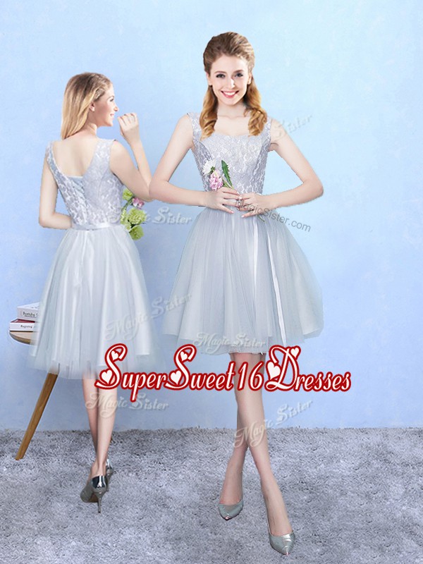  Silver Tulle Lace Up Quinceanera Court of Honor Dress Sleeveless Knee Length Lace