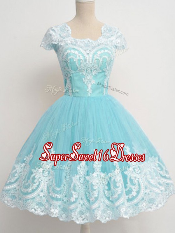  Aqua Blue Cap Sleeves Tulle Zipper Dama Dress for Quinceanera for Prom and Party and Wedding Party