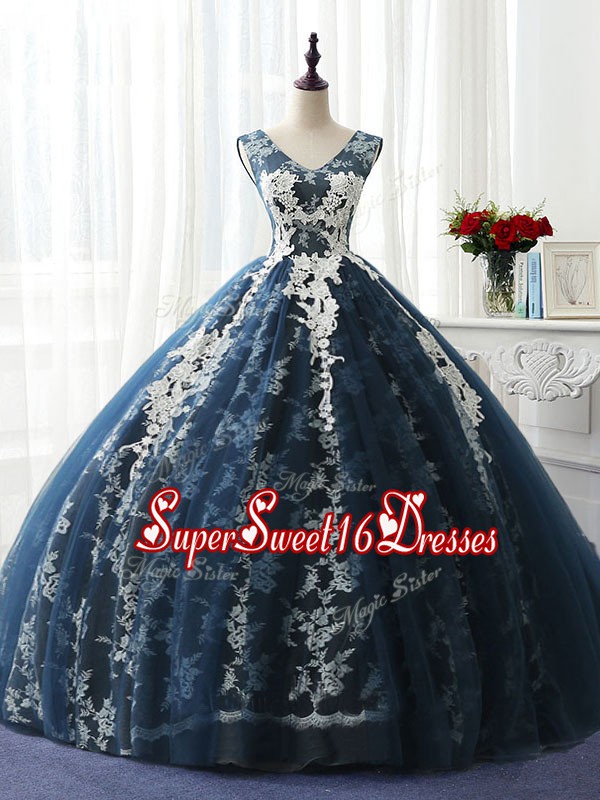 Eye-catching Ruffles and Pattern 15 Quinceanera Dress Navy Blue Lace Up Sleeveless Floor Length