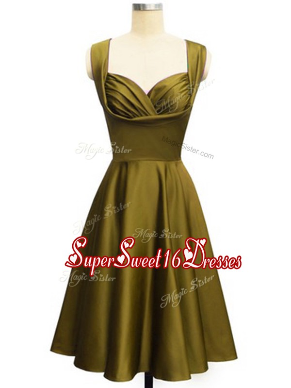 Pretty Knee Length Lace Up Vestidos de Damas Olive Green for Prom and Party and Wedding Party with Ruching