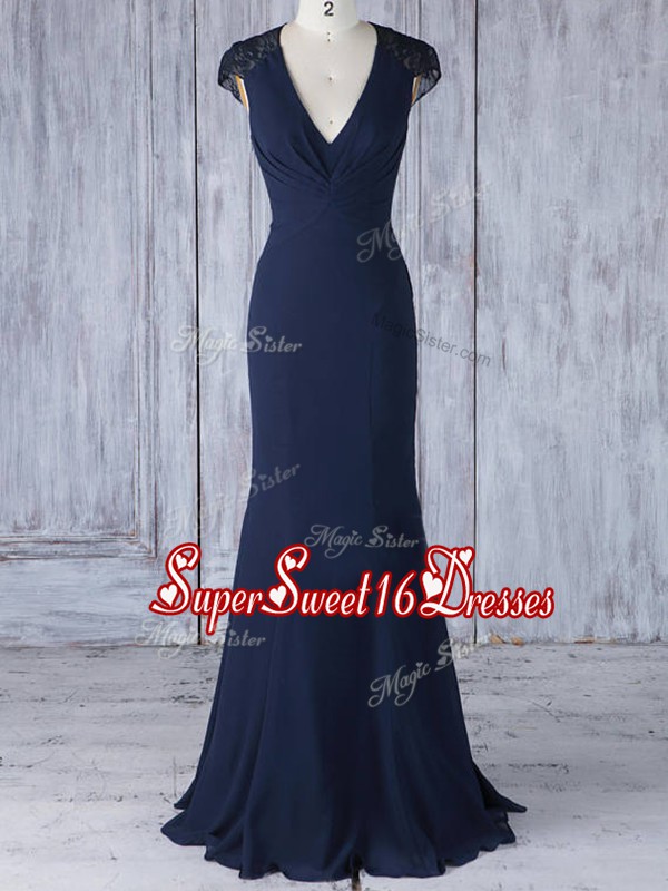 Modern Navy Blue Chiffon Side Zipper Quinceanera Court Dresses Cap Sleeves Floor Length Lace