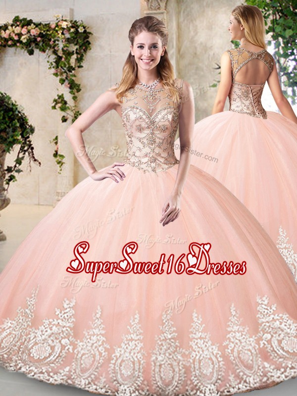 Artistic Peach Scoop Neckline Beading and Appliques Sweet 16 Dresses Sleeveless Backless