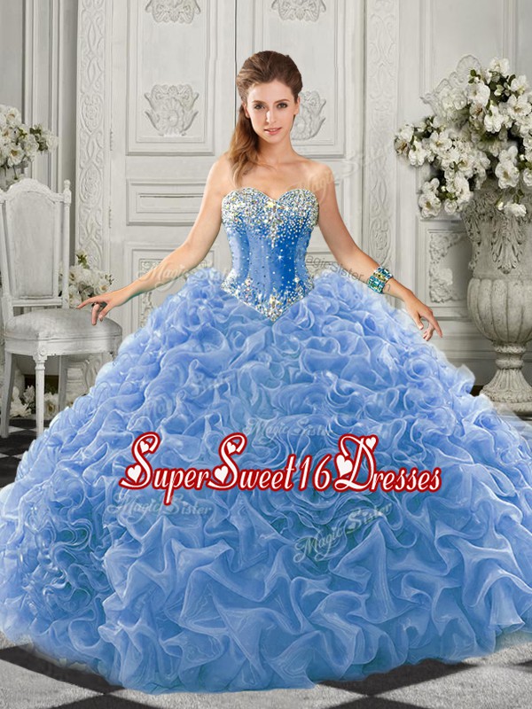  Sleeveless Beading and Ruffles Lace Up 15th Birthday Dress with Light Blue Court Train