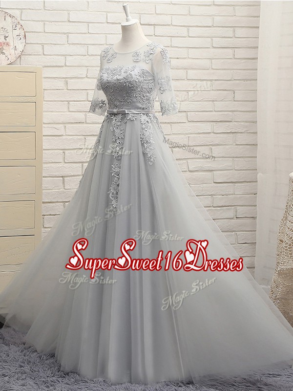 Pretty Appliques Quinceanera Dama Dress Grey Lace Up Half Sleeves Floor Length